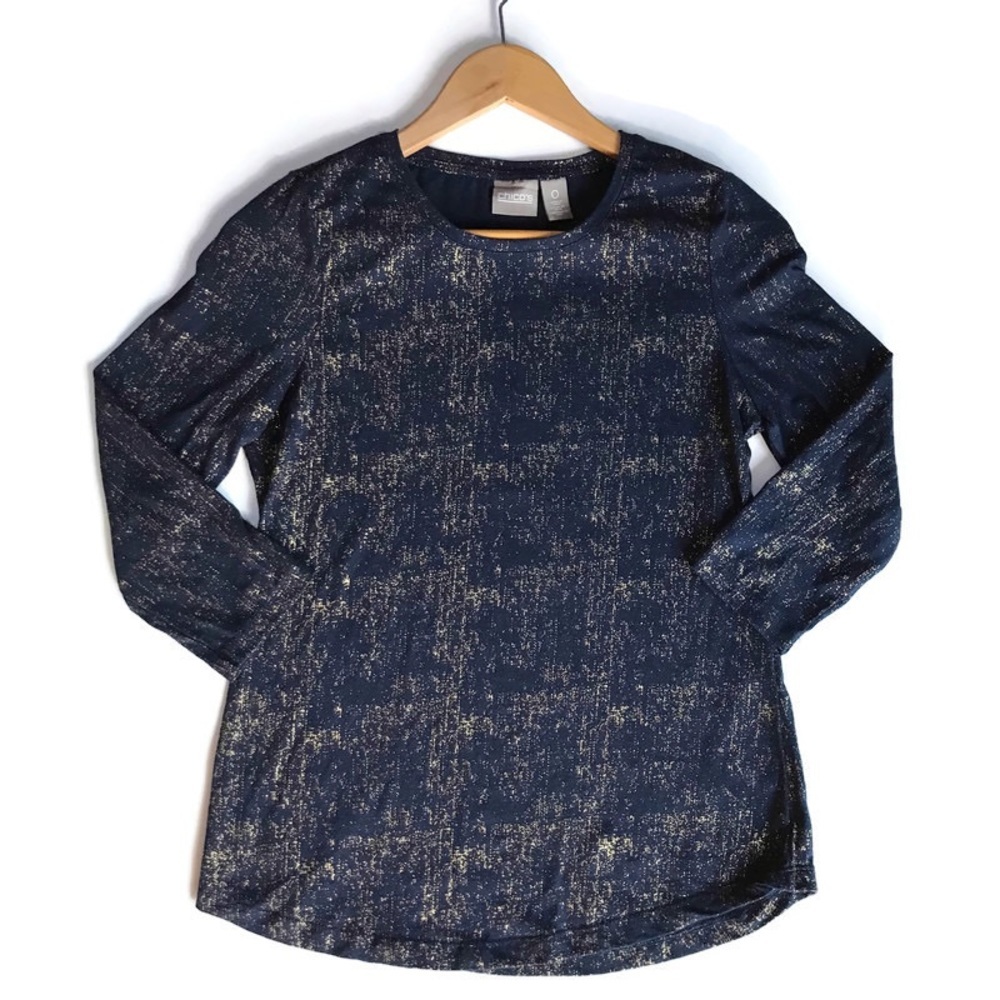CHICOS navy & gold 3/4 sleeved t shirt top- 0 /4-6